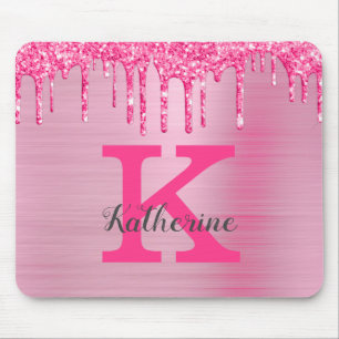 Girly Pink Glitter Drips Chic Glam Monogram Name Mouse Pad