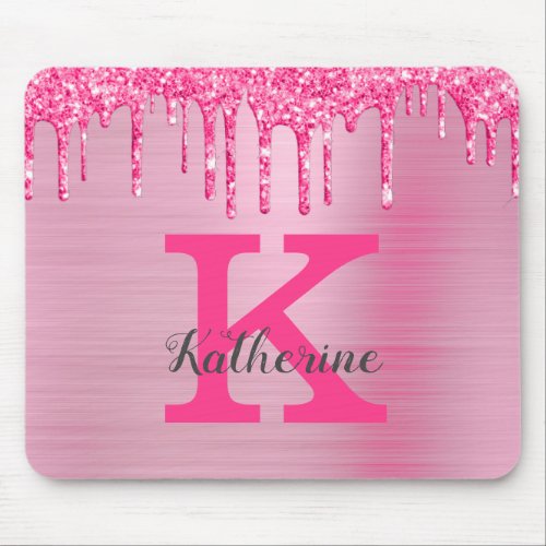 Girly Pink Glitter Drips Chic Glam Monogram Name Mouse Pad