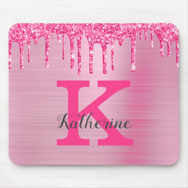 Girly Pink Glitter Drips Chic Glam Monogram Name Mouse Pad (Front)