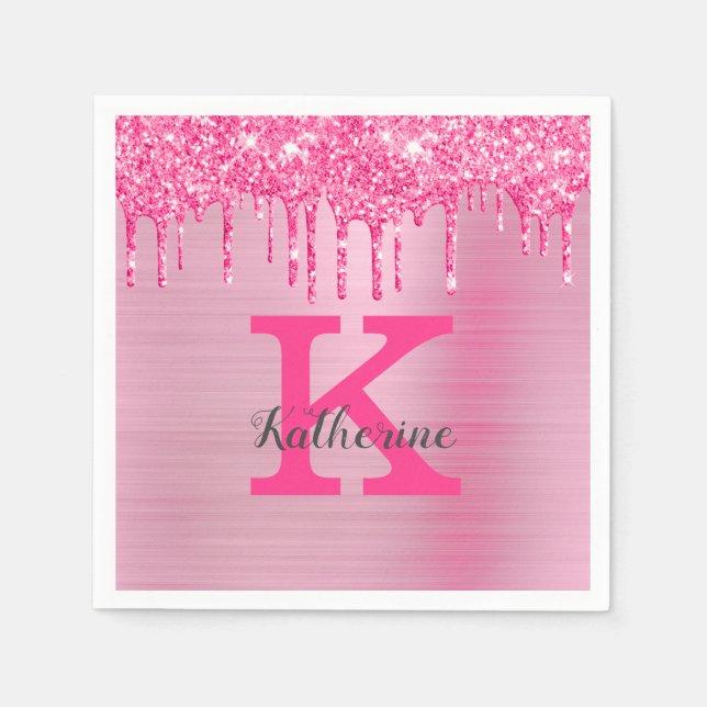 Girly Pink Glitter Drips Chic Glam Monogram Name Napkins (Front)