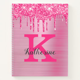 Girly Pink Glitter Drips Chic Glam Monogram Name Notebook
