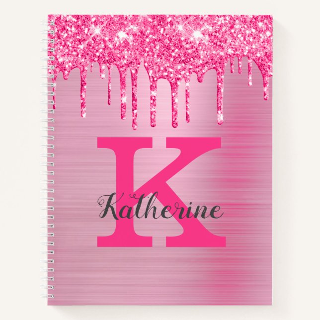 Girly Pink Glitter Drips Chic Glam Monogram Name Notebook (Front)