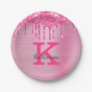 Girly Pink Glitter Drips Chic Glam Monogram Name Paper Plates