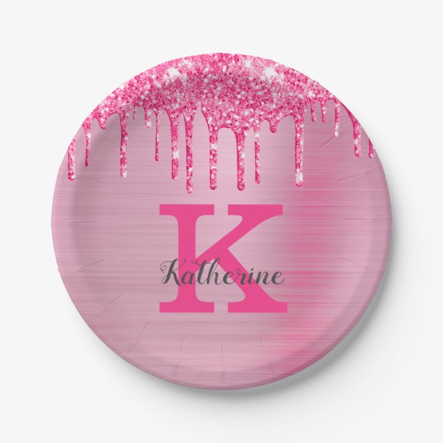 Girly Pink Glitter Drips Chic Glam Monogram Name Paper Plates (Front)