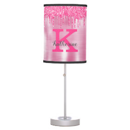 Girly Pink Glitter Drips Chic Glam Monogram Name Table Lamp