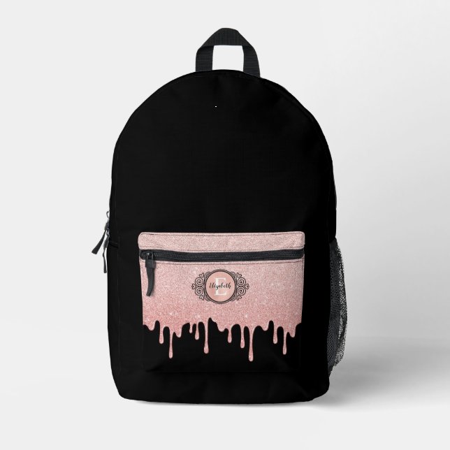 Girly Pink Glitter Drips Monogram School Printed Backpack (Front)