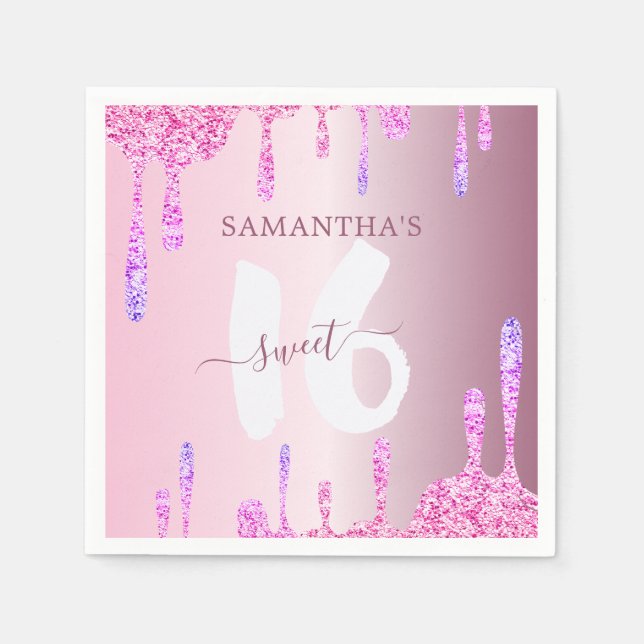 Girly Pink Glitter Drips Sweet 16  Napkins (Front)