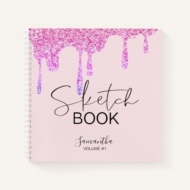 Girly Pink Glitter Drips Your Name Sketch Notebook (Front)