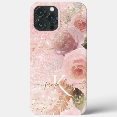 Girly Pink Glitter Floral Elegant Gold Stars Name iPhone 13 Pro Max Case