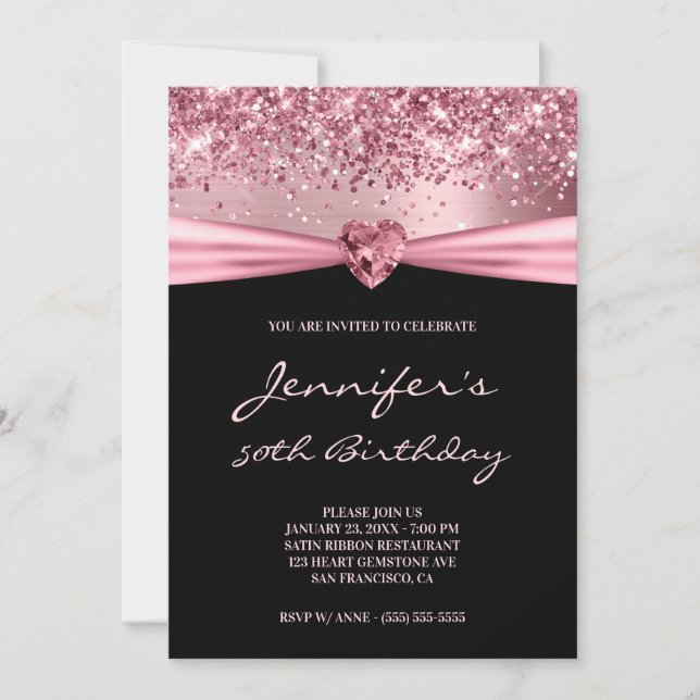 Girly Pink Glitter Foil Gem Heart 50th Birthday Invitation (Front)