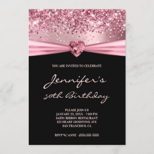Girly Pink Glitter Foil Gem Heart 50th Birthday Invitation