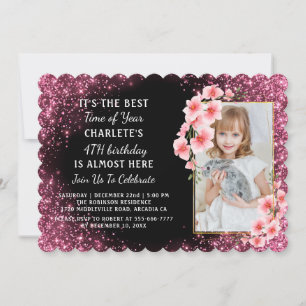 Girly Pink glitter fourth Christmas birthday party Invitation