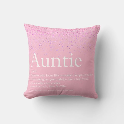 Girly Pink Glitter Fun Best Auntie Aunt Definition Throw Pillow