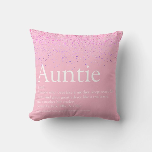 Girly Pink Glitter Fun Best Auntie Aunt Definition Throw Pillow (Front)
