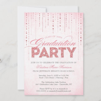 Girly Pink Glitter Gems Graduation Party Invitation