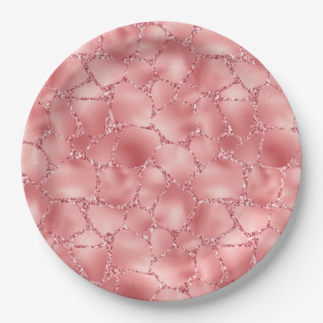 Girly Pink Glitter Giraffe Print Paper Plates (Front)