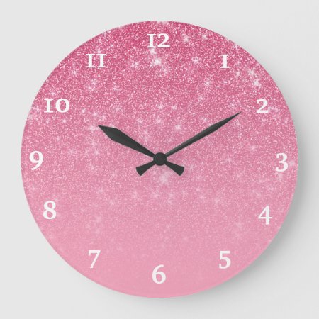 Girly Pink Glitter Glam Chic Sparkly Ombre Large Clock