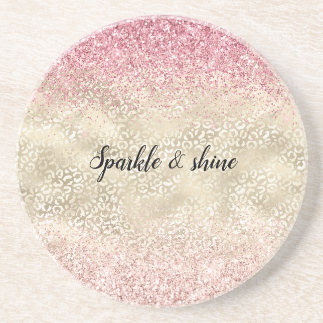 Girly Pink Glitter Glam Gold Glitz Leopard Print Coaster (Front)