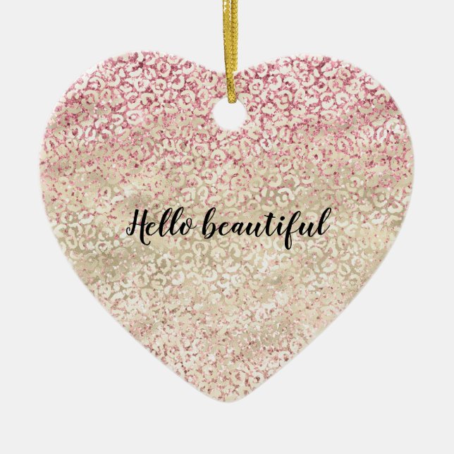 Girly Pink Glitter Glam Gold Leopard Print Ombre Ceramic Ornament (Front)