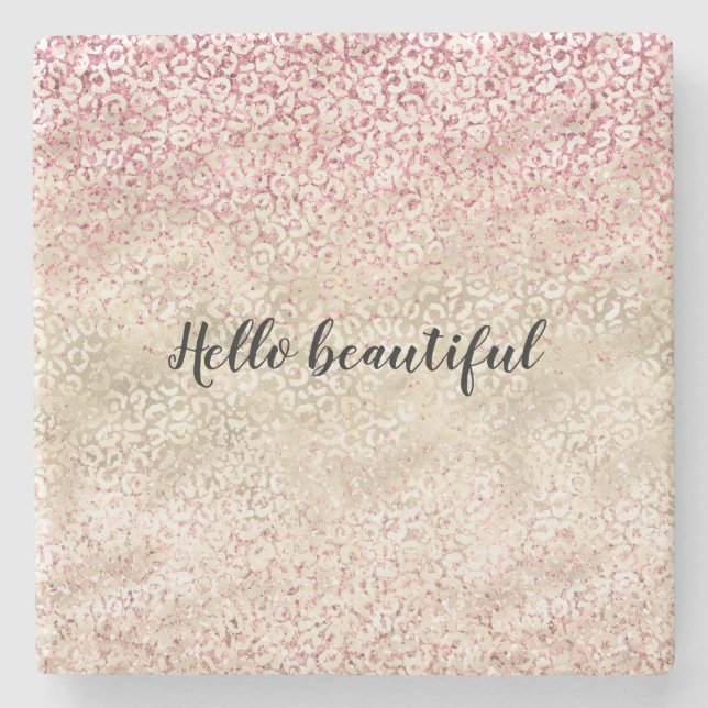 Girly Pink Glitter Glam Gold Leopard Print Ombre Stone Coaster (Front)