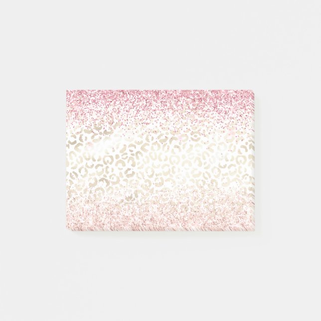 Girly Pink Glitter Glam Gold White Leopard Print Post-it Notes (Front)