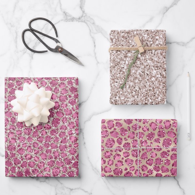 Girly Pink Glitter Glitz Leopard Print          Wrapping Paper Sheets (Front)