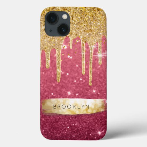 Girly Pink Glitter Gold Drips Sparkle Glam Stars iPhone 13 Case