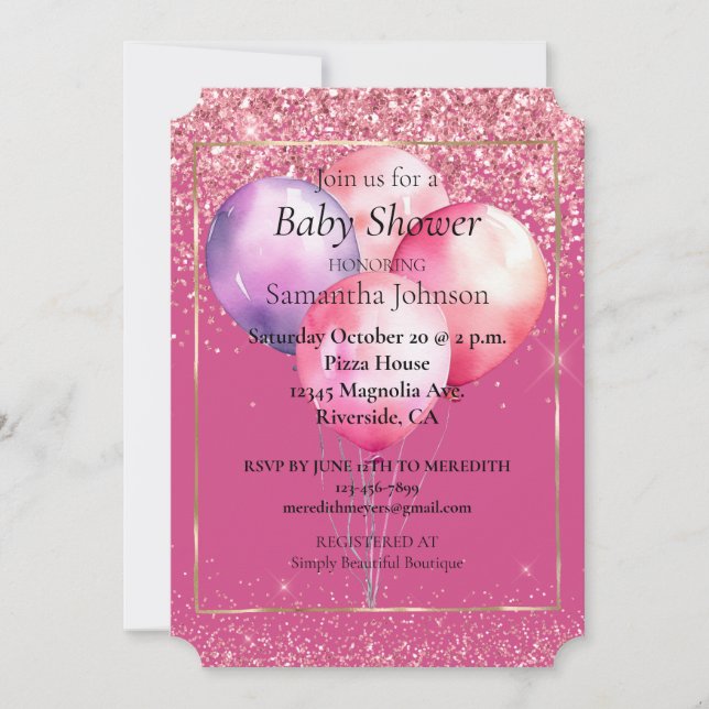 Girly Pink Glitter Gold Glam Balloons Invitation (Front)