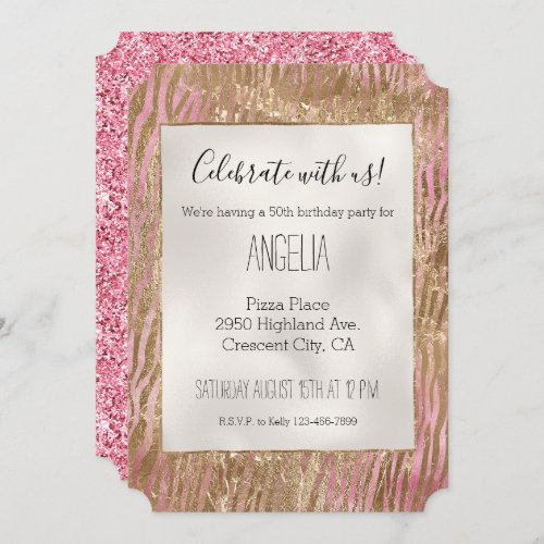Girly Pink Glitter Gold Glam Zebra print Invitation