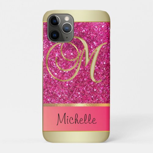 Girly Pink Glitter Golden Monogram Letter M  iPhone 11 Pro Case