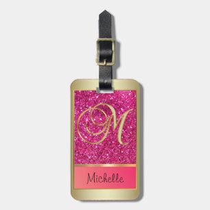 Girly Pink Glitter Golden Monogram Letter M Luggage Tag