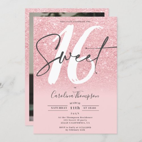 Girly pink glitter gradient chic photo Sweet 16 Invitation