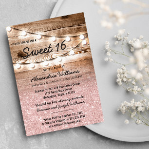 Girly Pink Glitter Hanging Lights Wood Sweet 16 Invitation