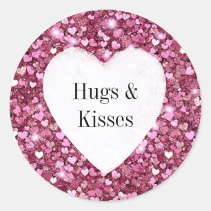 Girly Pink Glitter Hearts Hugs Classic Round Sticker