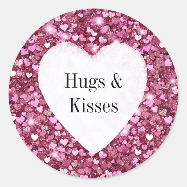 Girly Pink Glitter Hearts Hugs Classic Round Sticker (Front)
