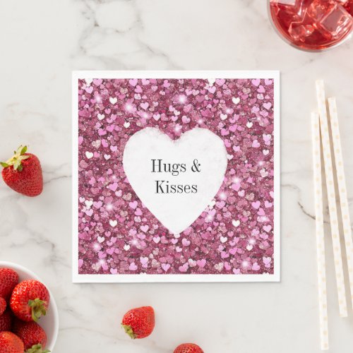 Girly Pink Glitter Hearts Hugs Napkins