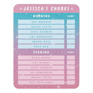 Girly Pink Glitter Kids Dry Erase Daily Chores Door Sign