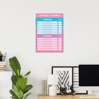 Girly Pink Glitter Kids Dry Erase Daily Chores Poster