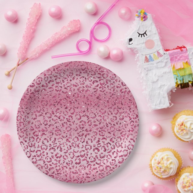 Girly Pink Glitter Leopard Ombre Paper Plates (Party)