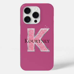 Girly Pink Glitter letter K iPhone 15 Pro Case