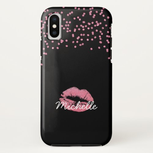 Girly Pink Glitter Lips Monogram Name iPhone X Case