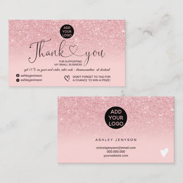 Girly pink glitter logo blush pink order thank you business card | Zazzle