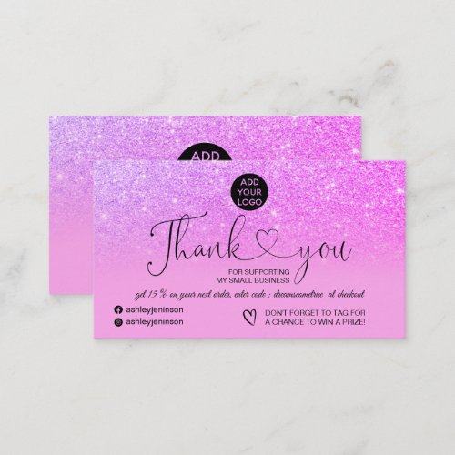 Girly pink glitter logo purple order thank you business card