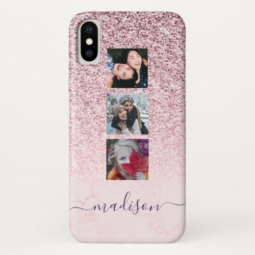 Girly Pink Glitter Marble Photo Script Name  iPhone X Case