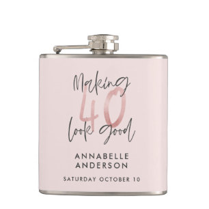 Girly pink glitter modern stylish 40th birthday flask