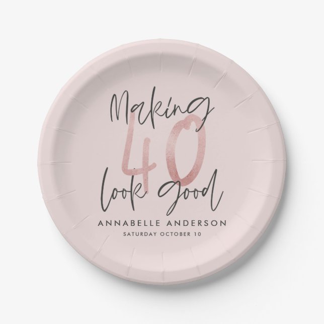 Girly pink glitter modern stylish 40th birthday paper plates (Front)