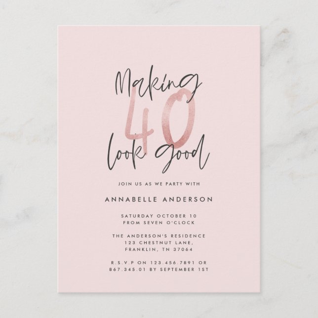 Girly pink glitter modern stylish 40th birthday postcard (Front)