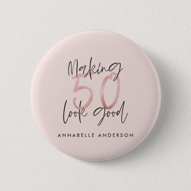 Girly pink glitter modern stylish 50th birthday button (Front)