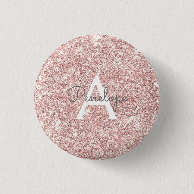 Girly Pink Glitter Monogram Button (Front)