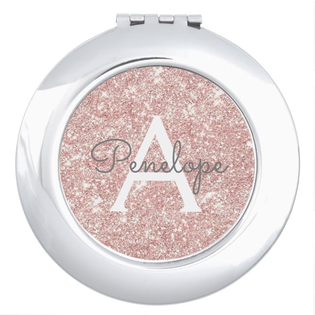 Girly Pink Glitter Monogram Compact Mirror (Front)
